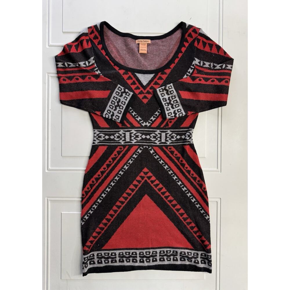 Flying Tomato XS Sweater Mini Dress Black Red Boho Aztec Tribal Bodycon